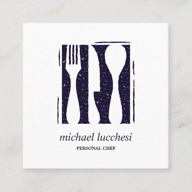 Carte De Visite Carré Blue Cutlery Chef Restauration Restaurant Médias s (Devant)