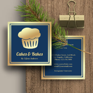 Carte De Visite Carré Blue Faux Gold Foil Boulangerie de cupcake maison