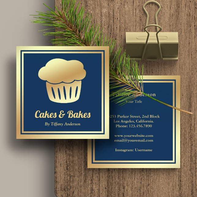 Carte De Visite Carré Blue Faux Gold Foil Boulangerie de cupcake maison (Créateur téléchargé)