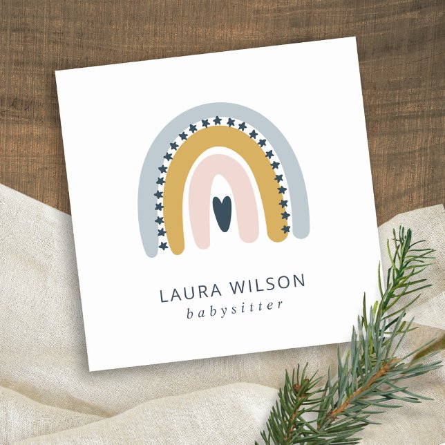 CARTE DE VISITE CARRÉ BLUSH OCHRE NAVY SCANDI HEART RAINBOW BABYSITTER (Créateur téléchargé)
