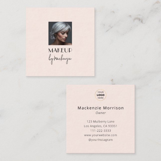 Carte De Visite Carré Blush Pink Black Script Logo Photo Makeup (Devant / Derrière)