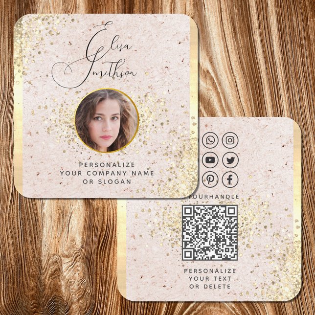 Carte De Visite Carré Blush Rose Gold Custom Médias sociaux QR Code Phot (Créateur téléchargé)