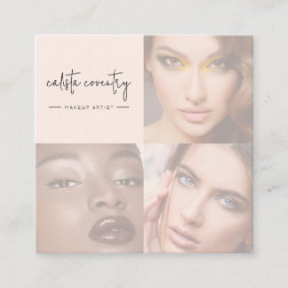 Carte De Visite Carré Blush Rose Script Icône Sociale 3 Photo Maquillage