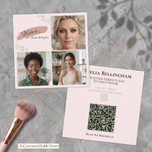 Carte De Visite Carré Blush Sage Luxe Portfolio de 3 Photos Code QR Maqu
