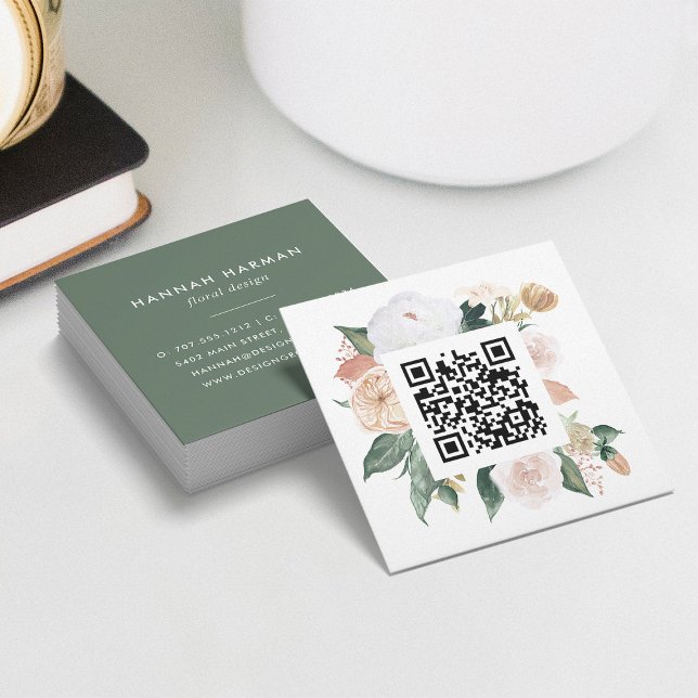 Carte De Visite Carré Boho Blooms aquarelle Floral QR Code (Créateur téléchargé)