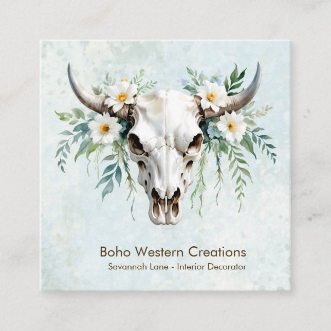 Carte De Visite Carré Boho Chic Aquarelle Blanc Floral Vache Crâne (Devant)