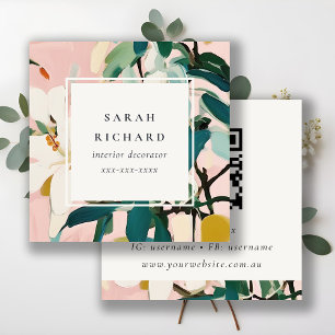 Carte De Visite Carré Boho Colorful rose Turquoise peint Floral QR Code