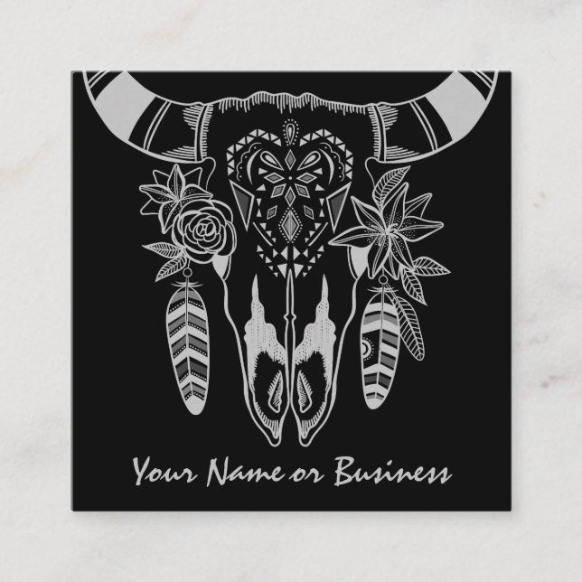 Carte De Visite Carré Boho Cow Skull noir et blanc Bohême (Devant)