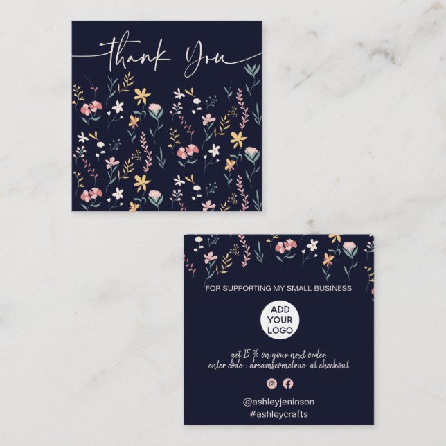 Carte De Visite Carré Boho éditable motif floral ordre merci (Devant / Derrière)