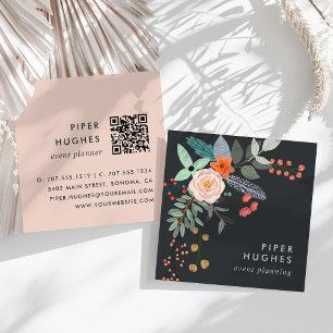 Carte De Visite Carré Boho Floral QR Code