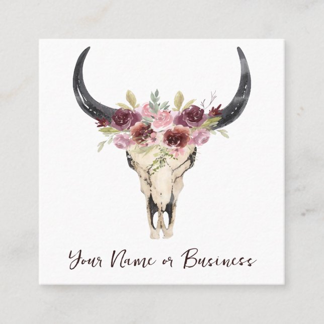 Carte De Visite Carré Boho Floral Vache crâne sur blanc (Devant)