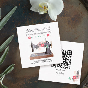Carte De Visite Carré Boho Floral Vintage machine à coudre et code QR