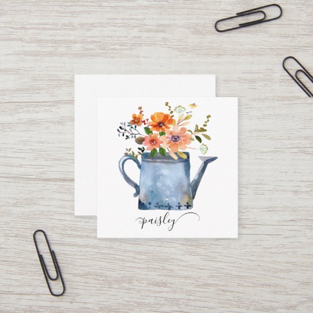 Carte De Visite Carré Boho Rust Orange Aquarelle Fleurs Arrosage Can (Devant/Arrière en situation)
