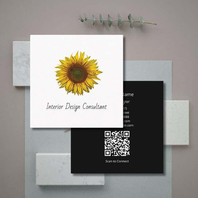Carte De Visite Carré Boho Sunflower QR code Interior Designer  (Créateur téléchargé)