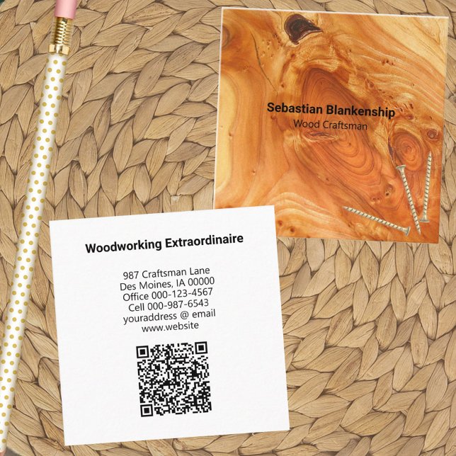 Carte De Visite Carré Bois d'artisanat Fini Bois Knot QR Code (square business card front and back template)