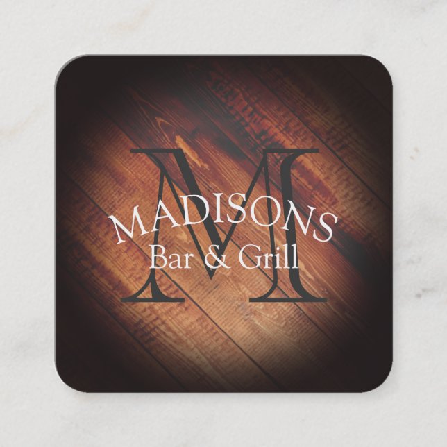 Carte De Visite Carré Bois rustique avec Monogramme (Devant)