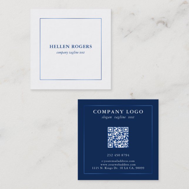 Carte De Visite Carré Bordure bleue minimaliste en étain (Devant / Derrière)