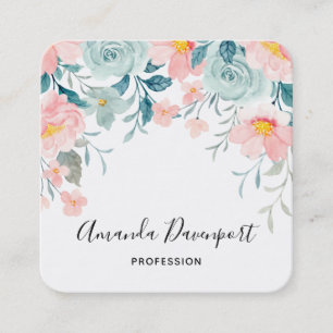 Carte De Visite Carré Bordure florale rose et vert élégant