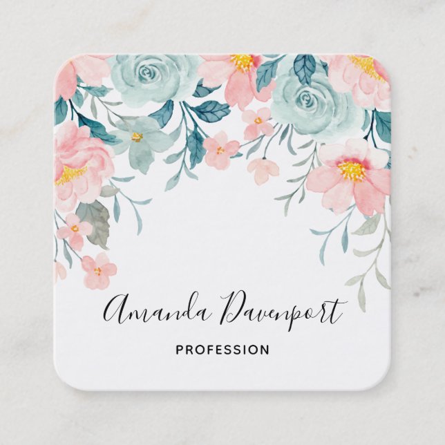 Carte De Visite Carré Bordure florale rose et vert élégant (Devant)