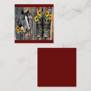 Carte De Visite Carré Bottes de cowboy Rustique Western Horse Tournesols