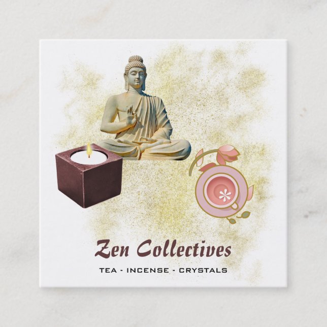 Carte De Visite Carré *~* Bouddha Zen bougie Lotus Tea Gold (Devant)