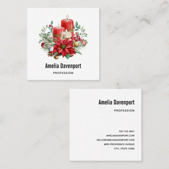 Carte De Visite Carré Bougies aquarelles et Noël de Poinsettia (Devant / Derrière)