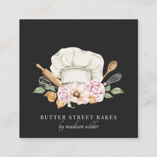 Carte De Visite Carré Boulangerie à aquarelle Chef Baker Outils (Devant)