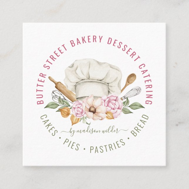 Carte De Visite Carré Boulangerie Baker Pâtisserie Chef Aquarelle Cuisin (Devant)