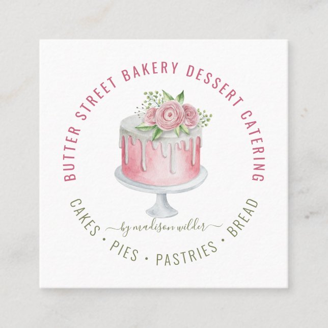 Carte De Visite Carré Boulangerie Baker Pâtisserie Chef Aquarelle Cuisin (Devant)