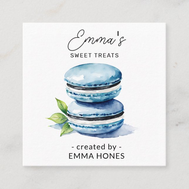 Carte De Visite Carré Boulangerie d'aquarelle moderne en macaron bleu (Devant)