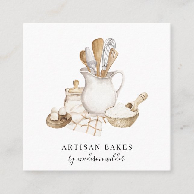 Carte De Visite Carré boulangerie pâtisserie Chef Aquarelle (Devant)