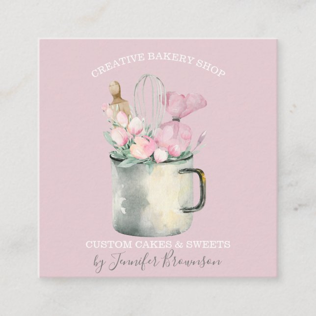 Carte De Visite Carré Boulangerie Pâtisserie Chef Boho rose floral (Devant)