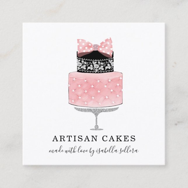 Carte De Visite Carré boulangerie pâtisserie Chef Pink Black Cake (Devant)