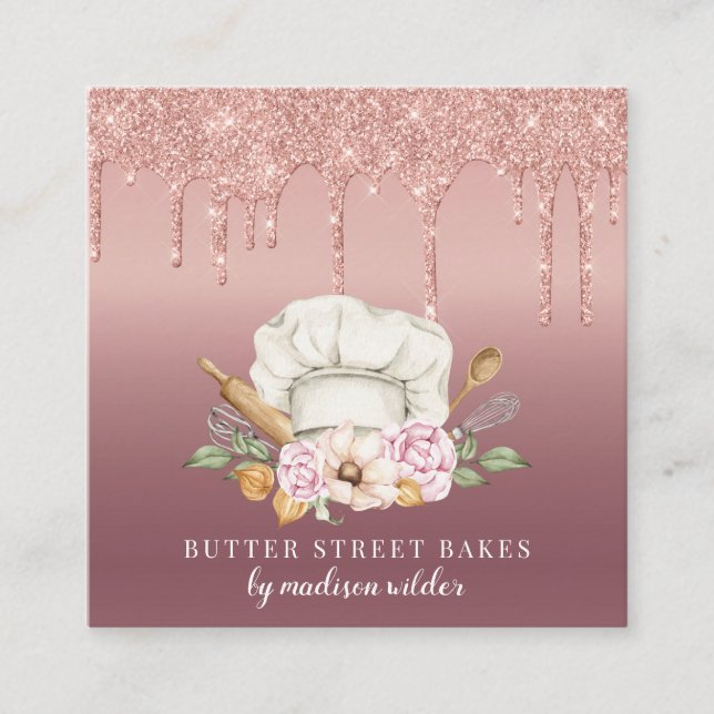 Carte De Visite Carré Boulangerie Pâtisserie Chef Rose Gold Parties scin (Devant)