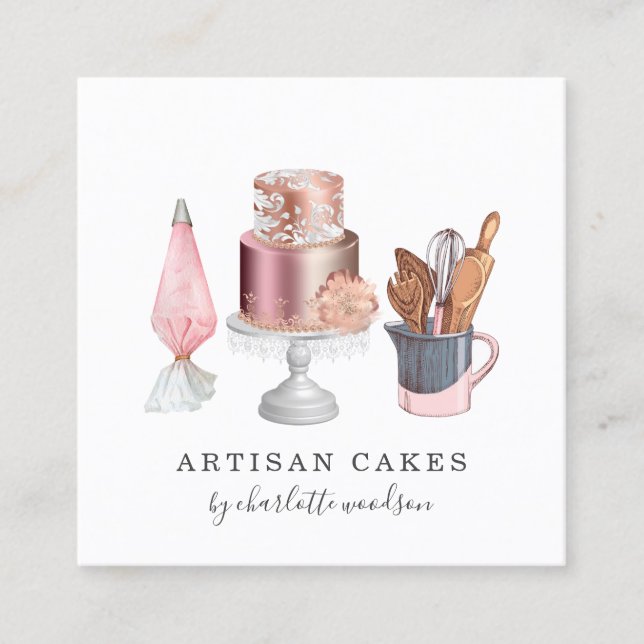 Carte De Visite Carré boulangerie pâtisserie fabricant aquarelle ustensi (Devant)