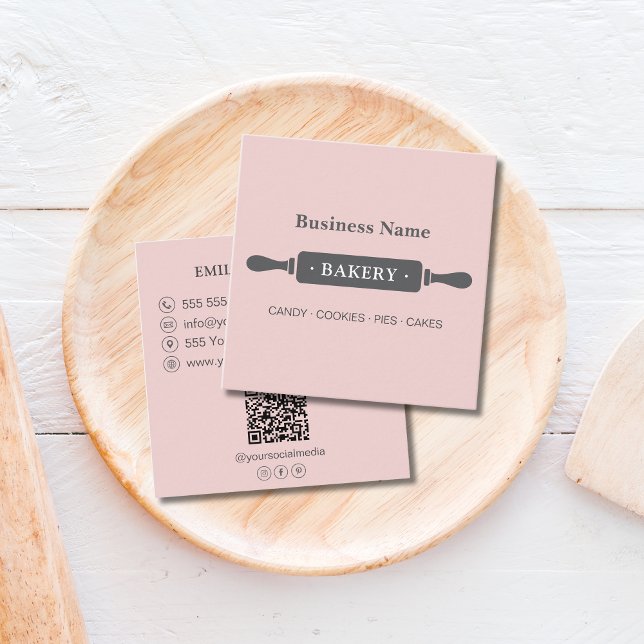Carte De Visite Carré Boulangerie Roulante Minimaliste Rose (Minimalist Roller Bakery Pink Square Business Card)