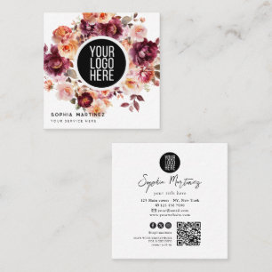 Carte De Visite Carré Bouquet aquarelle floral bordeaux & logo QR Code