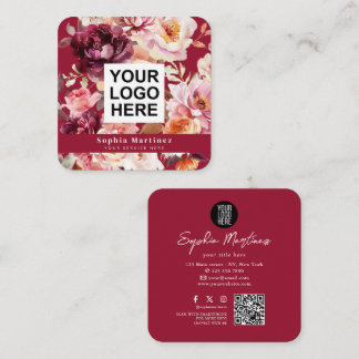 Carte De Visite Carré Bouquet aquarelle floral bordeaux & logo QR Code