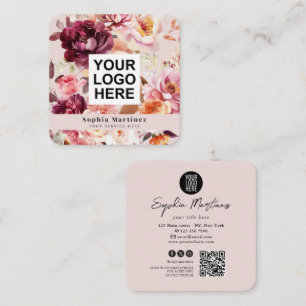 Carte De Visite Carré Bouquet aquarelle floral bordeaux & logo QR Code 