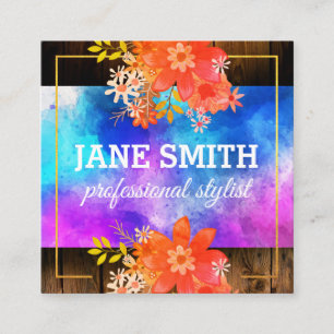 Carte De Visite Carré Bouquet d'aquarelle florale Bordure or Bois rustiq