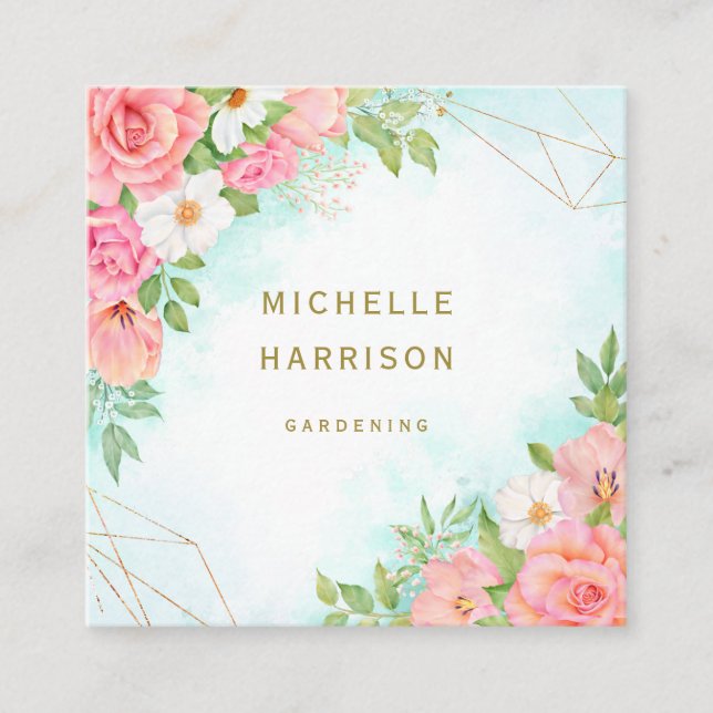 Carte De Visite Carré Bouquet d'aquarelle rose Turquoise Ombre (Devant)