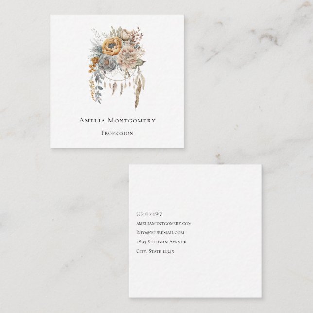 Carte De Visite Carré Bouquet de fleurs Boho et Dreamcatcher (Devant / Derrière)