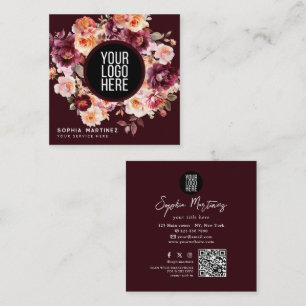 Carte De Visite Carré Bouquet Floral Aquarelle Bourgogne & Logo Code QR