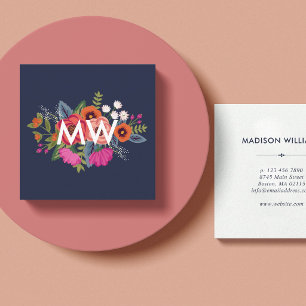 Carte De Visite Carré Bouquet floral boho - Bleu marine - Monogramme