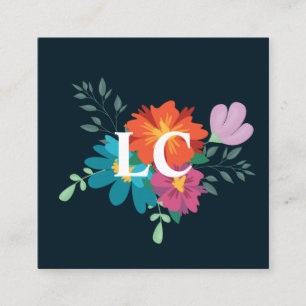Carte De Visite Carré Bouquet floral Boho Monogramme bleu