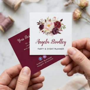 Carte De Visite Carré Bourgogne Rouge rose Floral Rustique Chic Personne