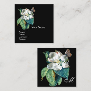 CARTE DE VISITE CARRÉ BOUTEILLE SUR LA FLEURS BLANCHES, MONOGRAMME FLORA