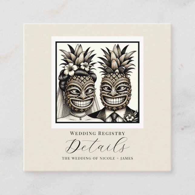 Carte De Visite Carré Bride & Groom Aloha Pineapple Tiki Détails du Mari (Devant)