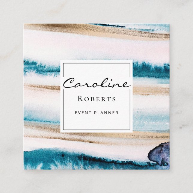 Carte De Visite Carré Brochures branchées Aquarelles Elégant Blue Gold (Devant)