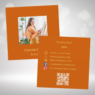 Carte De Visite Carré Brûlé orange photo code QR médias sociaux
